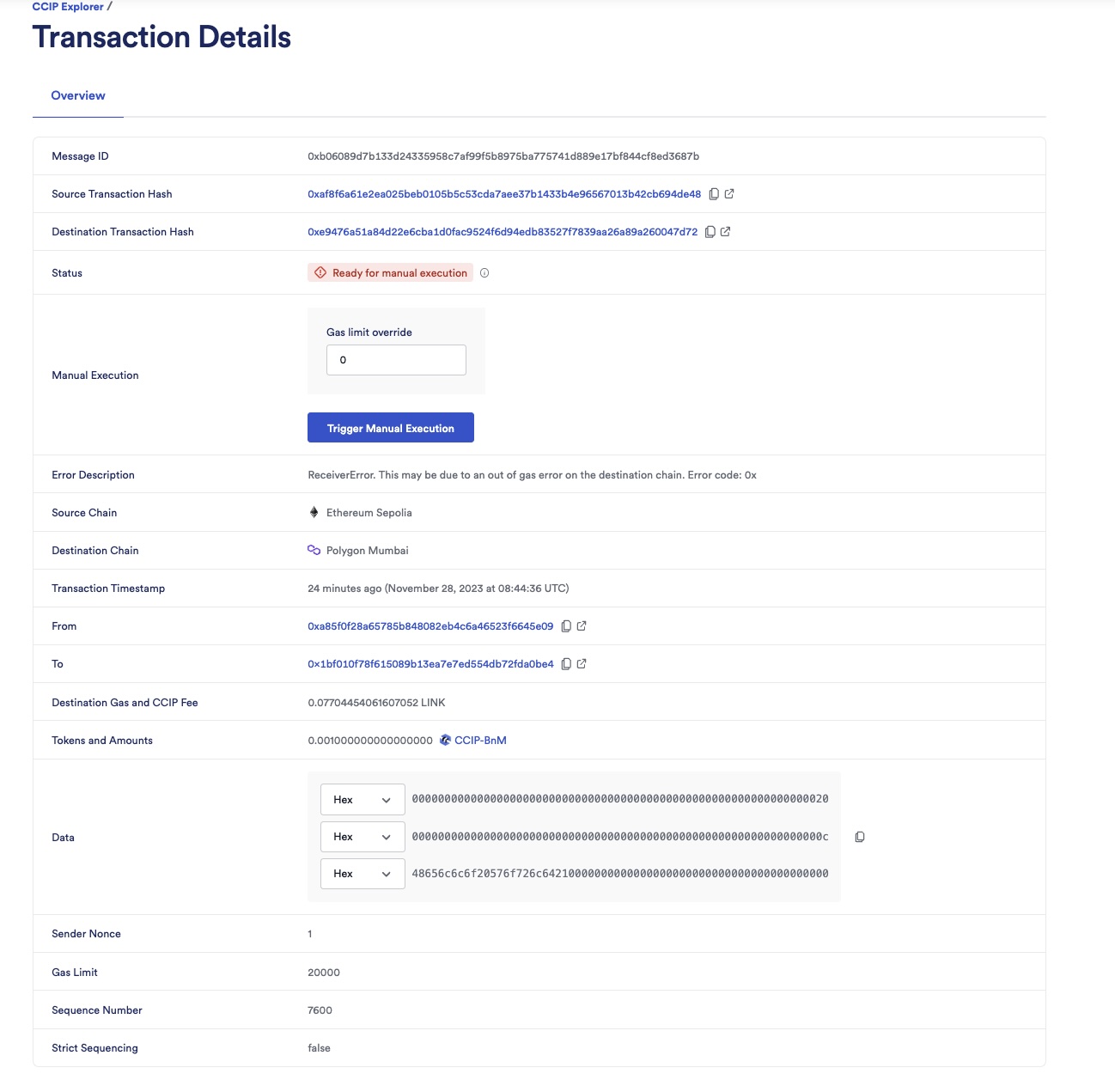 Chainlink CCIP Explorer transaction details ready for manual execution